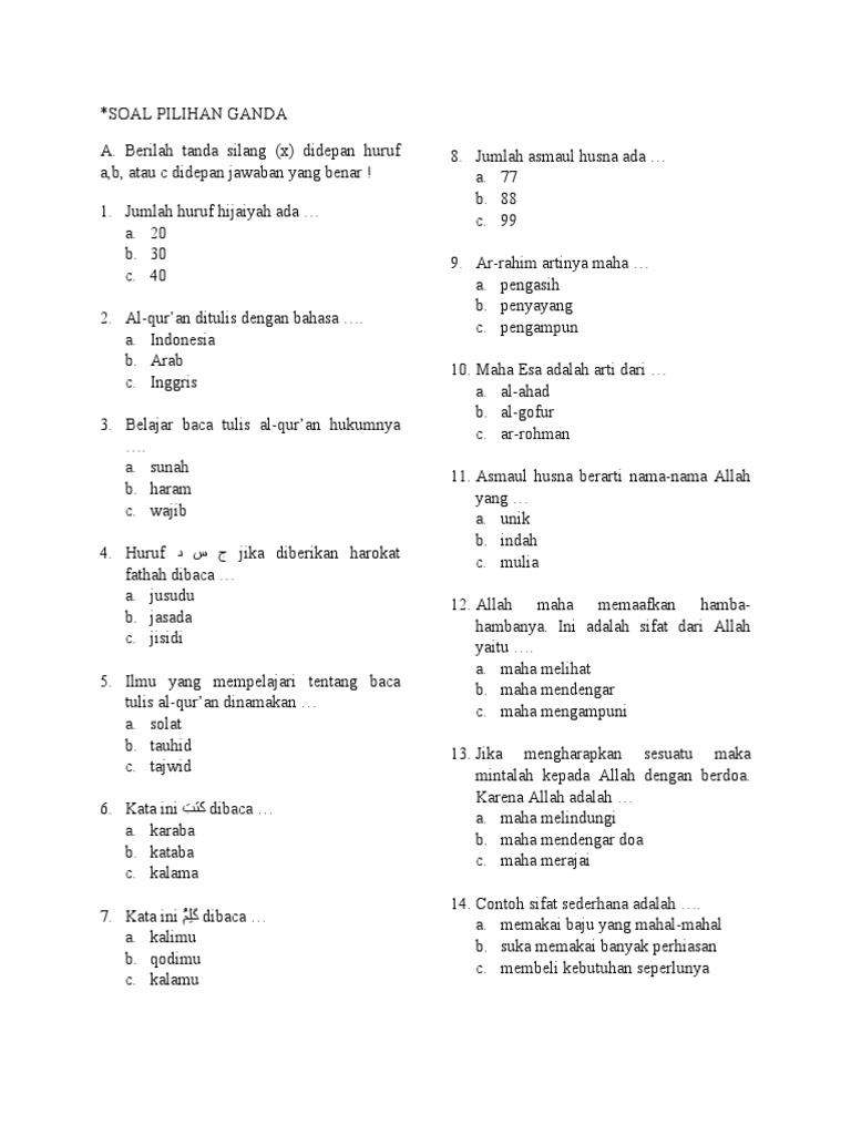Soal Pilihan Ganda Agama Pdf