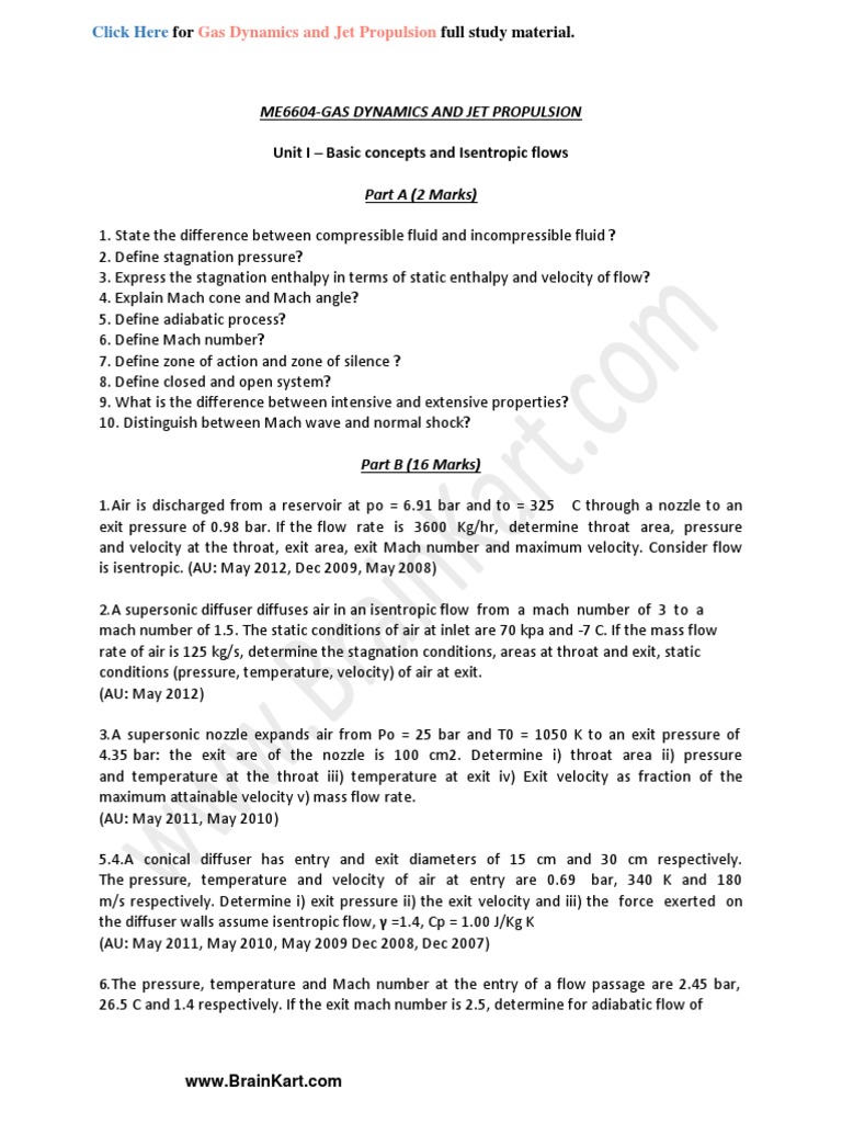 054 - ME6604 Gas Dynamics and Jet Propulsion - Question Bank 2 | PDF ...