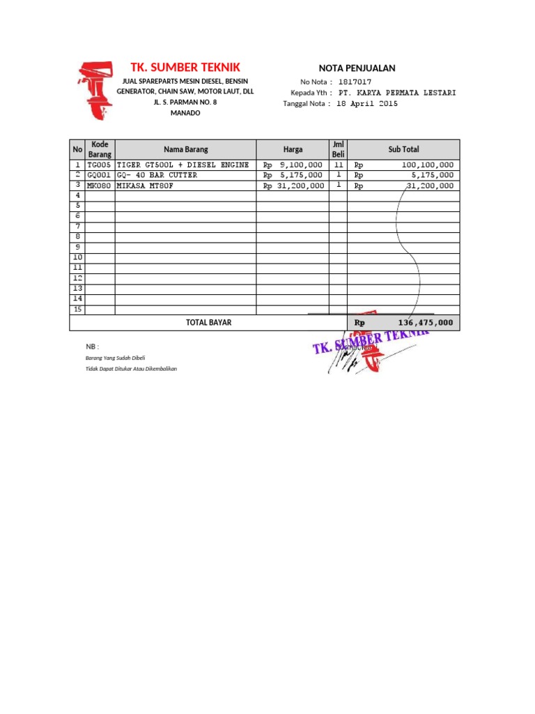 Nota Penjualan Spareparts Mesin Diesel | PDF