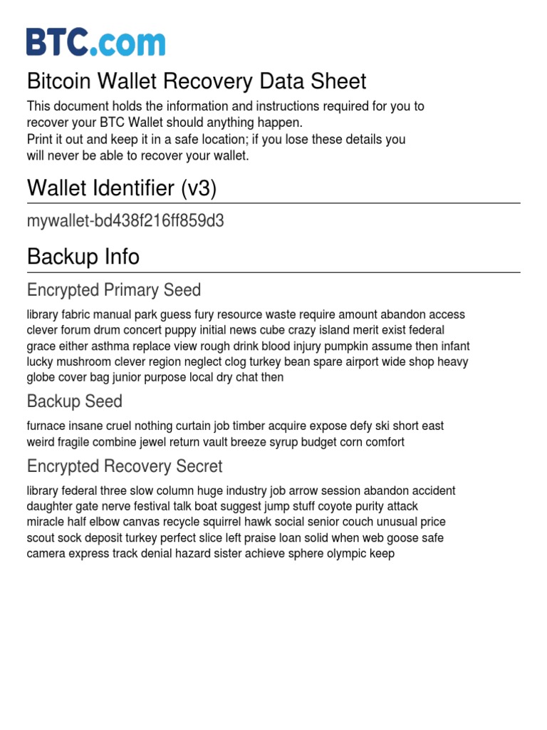 Bitcoin Wallet Recovery Backup Sheet - Mywallet-Bd438f216ff859d3 | PDF
