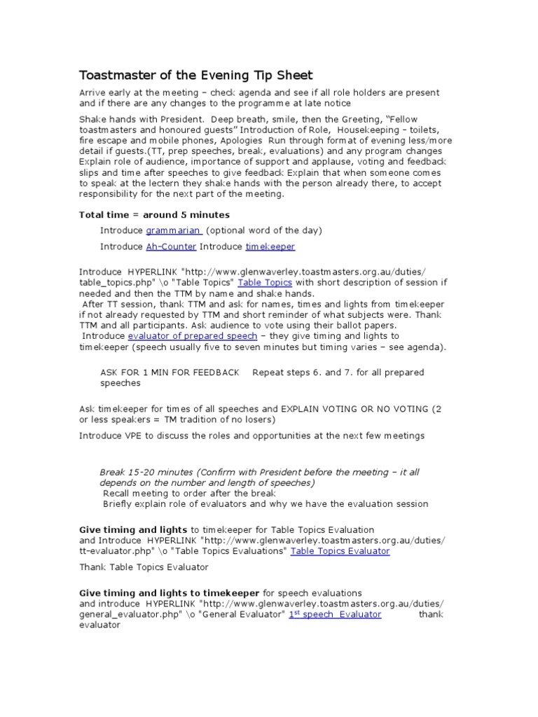 Toastmaster of The Evening Tip Sheet: Total Time Around 5 Minutes | PDF