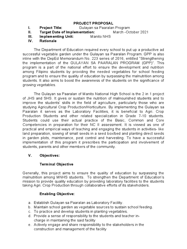 Gulayan sa Paaralan Project Proposal | PDF | Vegetables | Malnutrition