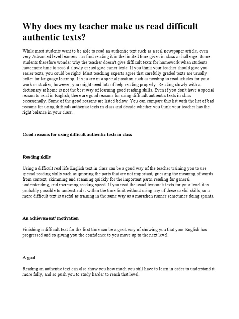 Benefits of Difficult Authentic Texts | PDF | Teachers | Learning