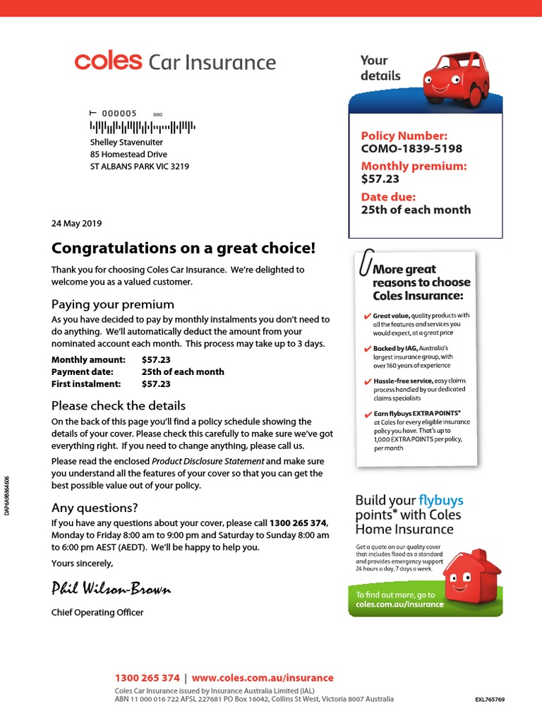 Coles Car Insurance Policy Schedule PDF Vehicle Insurance Insurance