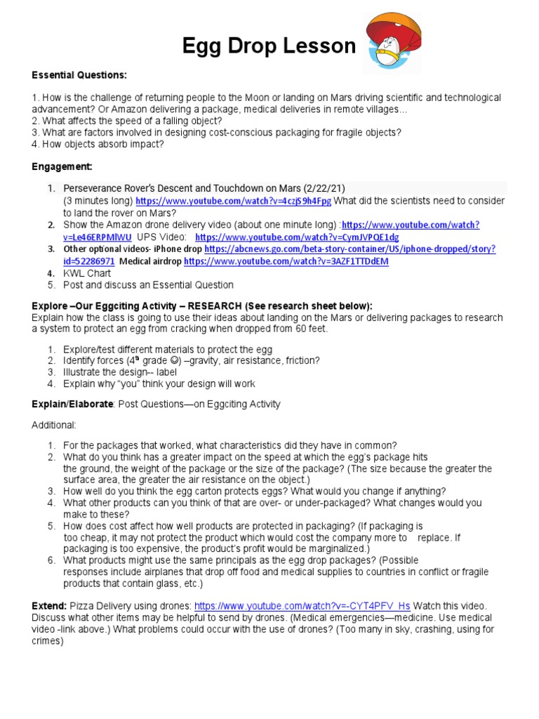 Egg Drop Lesson Essential Questions PDF Parachute Force
