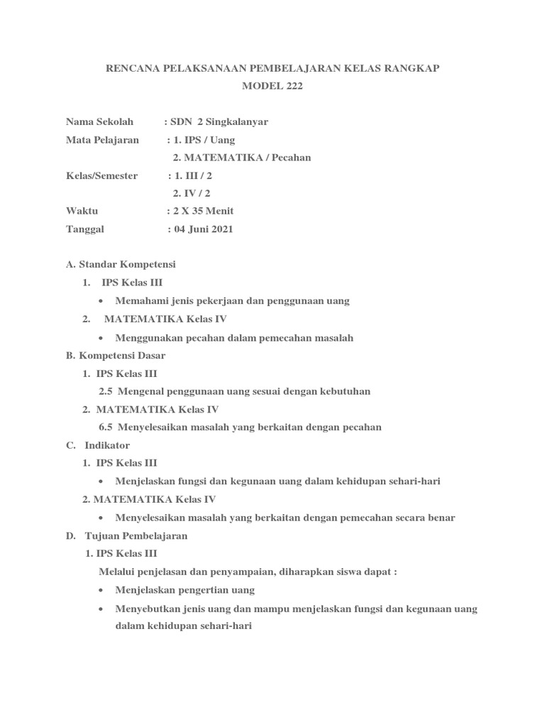 RPP Kelas Rangkap Model 222 K13 | PDF