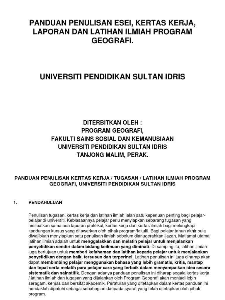 Panduan Penulisan Esei, Kertas Kerja, Laporan Untuk Pendidikan 