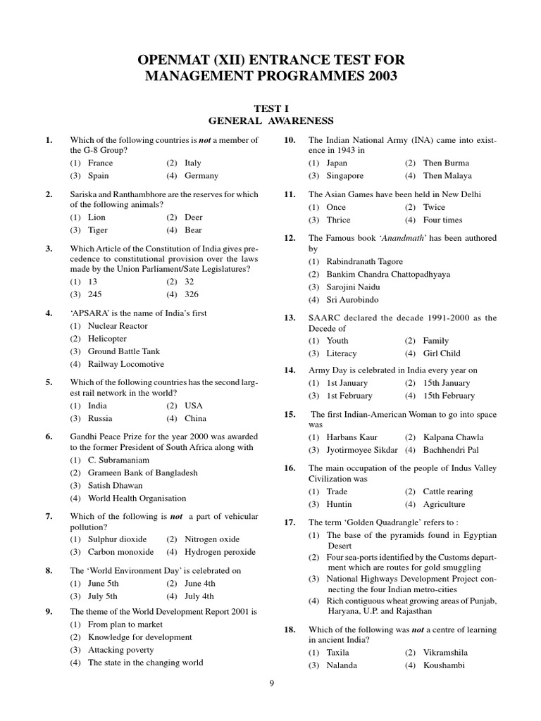 OPENMAT XII 2003 Question Paper PDF Food Security Foods