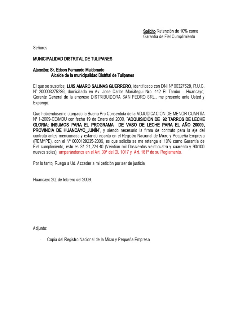 Carta de la carta fianza de fiel cumplimiento pdf derecho civil