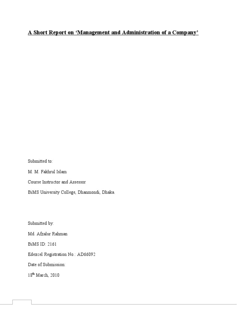 A Short Report On Management and Administration of A Company' PDF