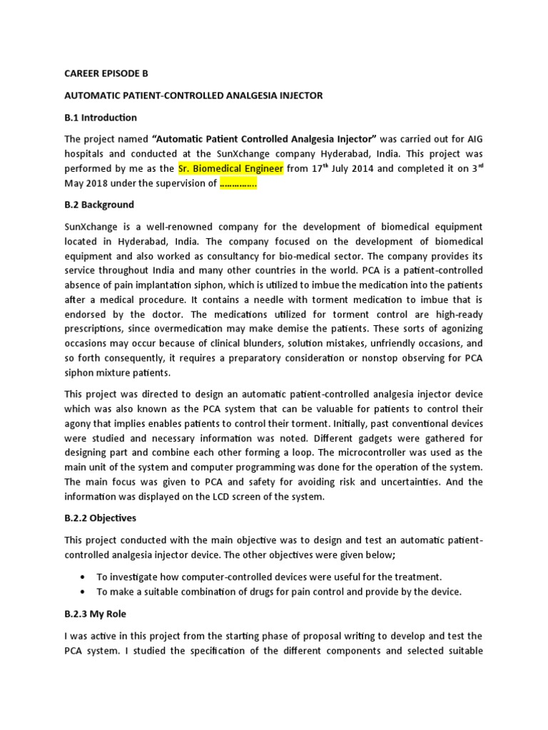 Career Episode B Automatic Patient-Controlled Analgesia Injector B.1 ...