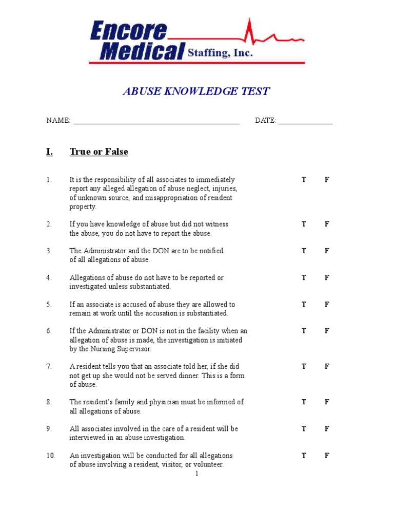 Abuse Knowledge Test: I. True or False | PDF | Problem Behavior | Violence