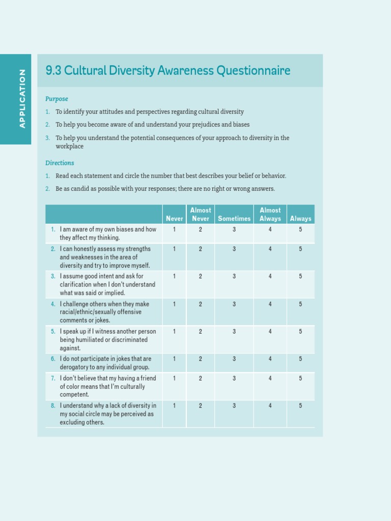 9.3 Cultural Diversity Awareness Questionnaire: Purpose | PDF | Bias ...