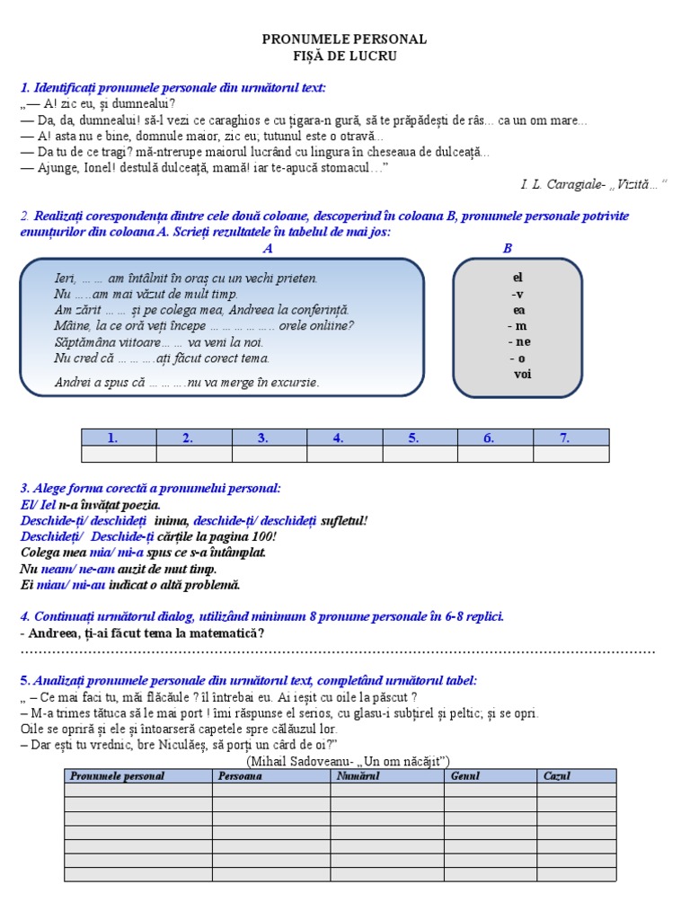 Alege Prepozitia Potrivita Pentru Enunturile Date Pronumele Personal | PDF