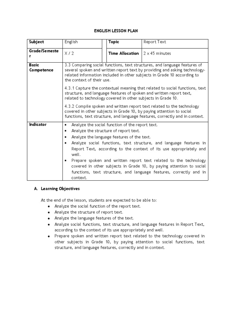 English Lesson Plan Subject Topic Grade/Semeste R Time Allocation 2 X ...