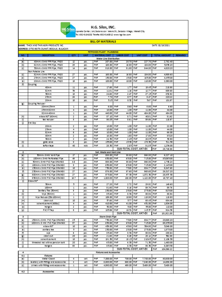 H.G. Silos, INC.: Bill of Materials | PDF | Pipe (Fluid Conveyance 