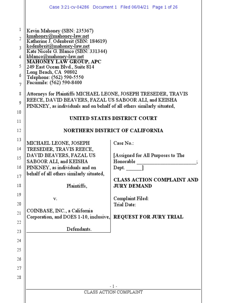 Coinbase Class Action Suit | PDF | Class Action | Complaint