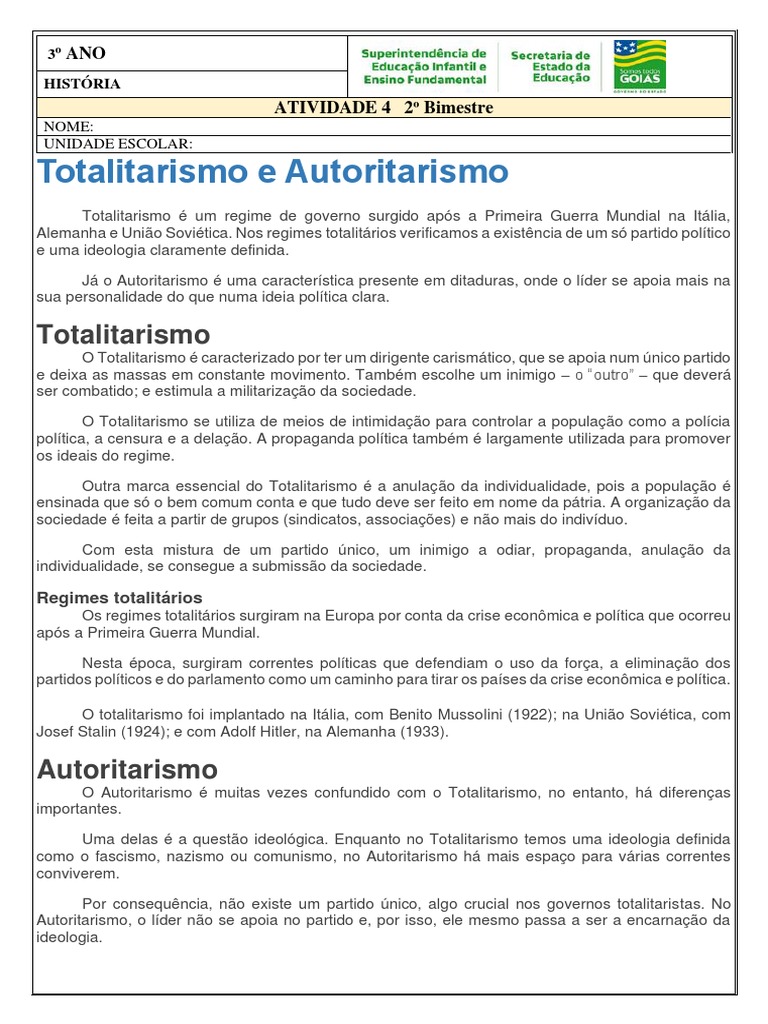 Diferenças entre Totalitarismo e Autoritarismo | PDF | Totalitarismo ...