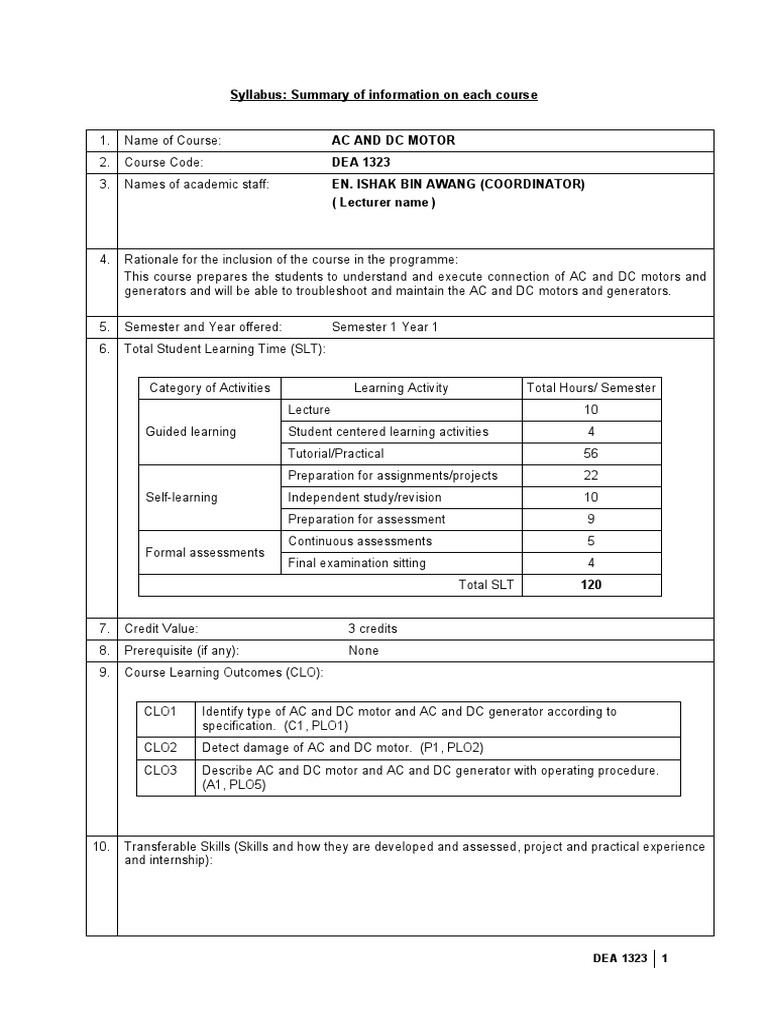 Syllabus: Summary of Information On Each Course | PDF | Electric Motor ...