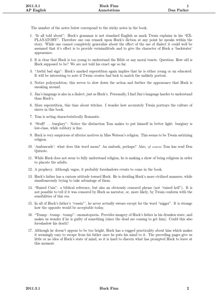 Huck Finn Chapter Annotations PDF Huckleberry Finn