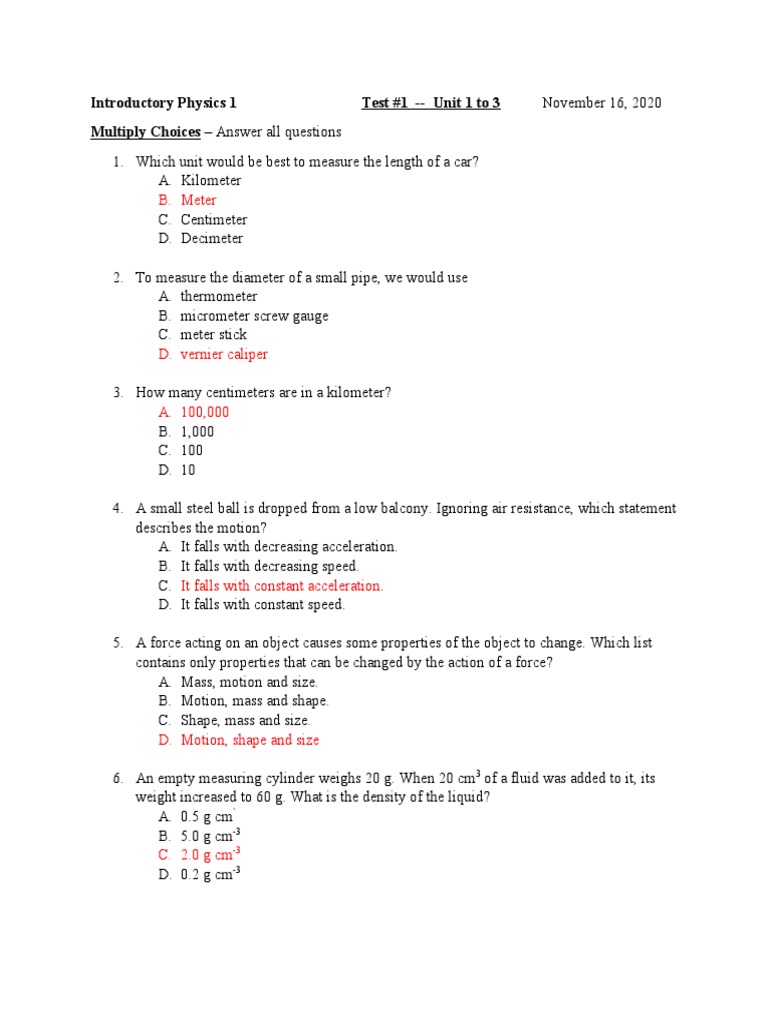 Introductory Physics Test 1 Questions | PDF | Weight | Friction