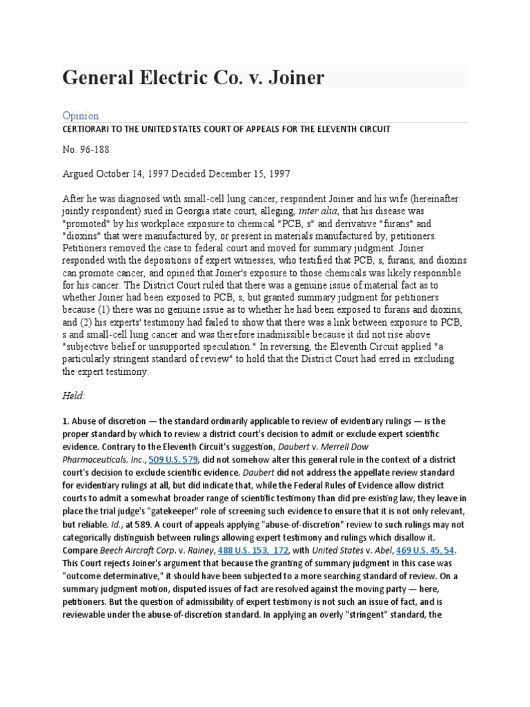 General Electric Co. v. Joiner PDF Daubert Standard Daubert V. Merrell Dow Pharmaceuticals