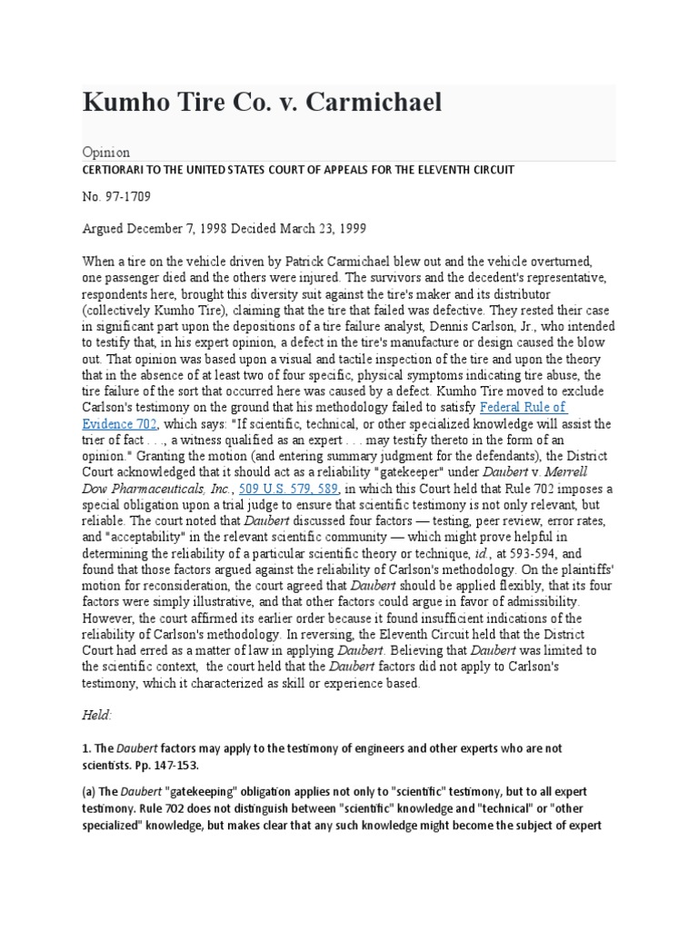 Kumho Tire Co. v. Carmichael PDF Daubert Standard Daubert V