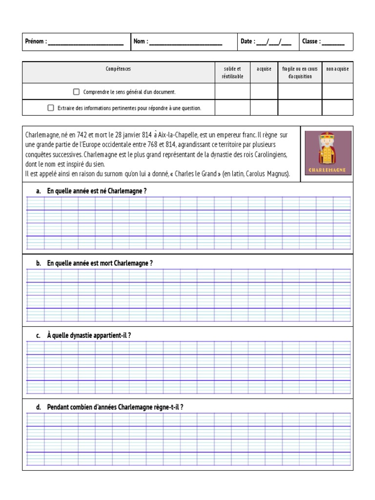 Evaluation Charlemagne Cm1 Évaluation Histoire: Questionnaire Charlemagne CM1 | PDF | Charlemagne