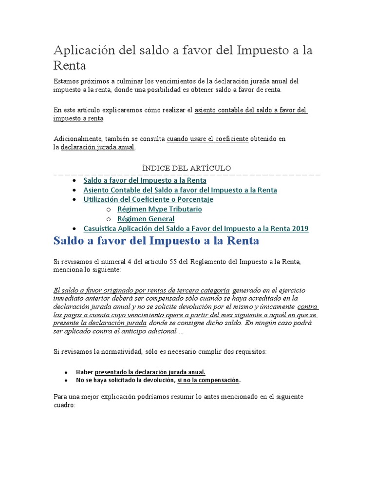 Asiento Contable del Saldo a Favor Renta | PDF | Impuesto sobre la ...