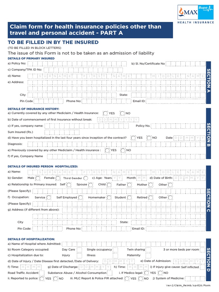 Max Bupa Claims Form PDF Identity Document Insurance