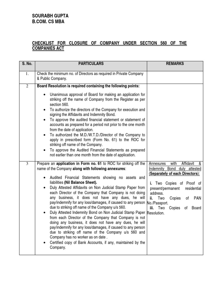 CHECKLIST FOR CLOSURE OF COMPANY UNDER SECTION 560