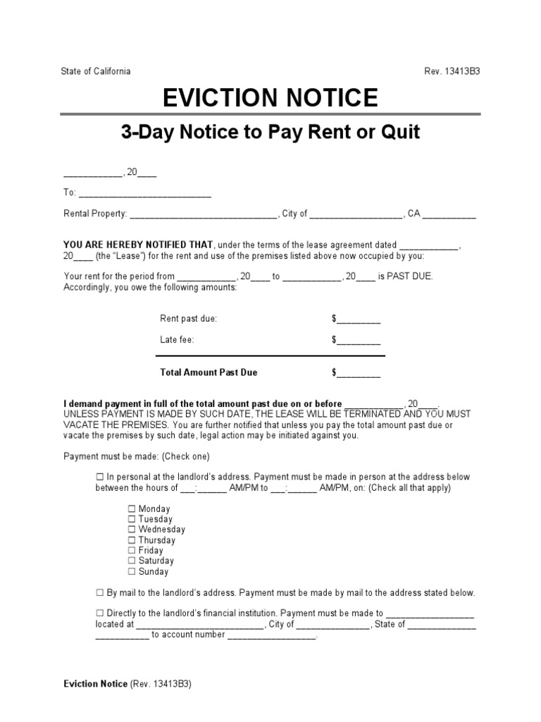 california eviction notice 3 day pay rent or quit pdf landlord lease