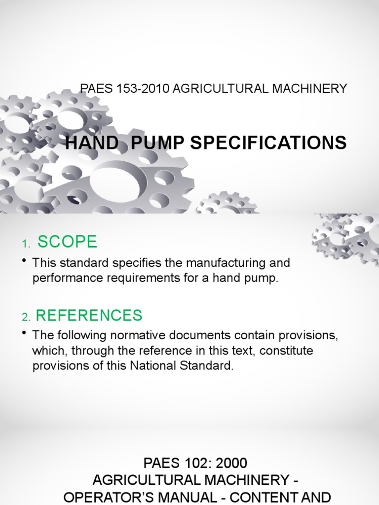 Hand Pump Specifications PAES 153-2010 | PDF | Pump | Valve
