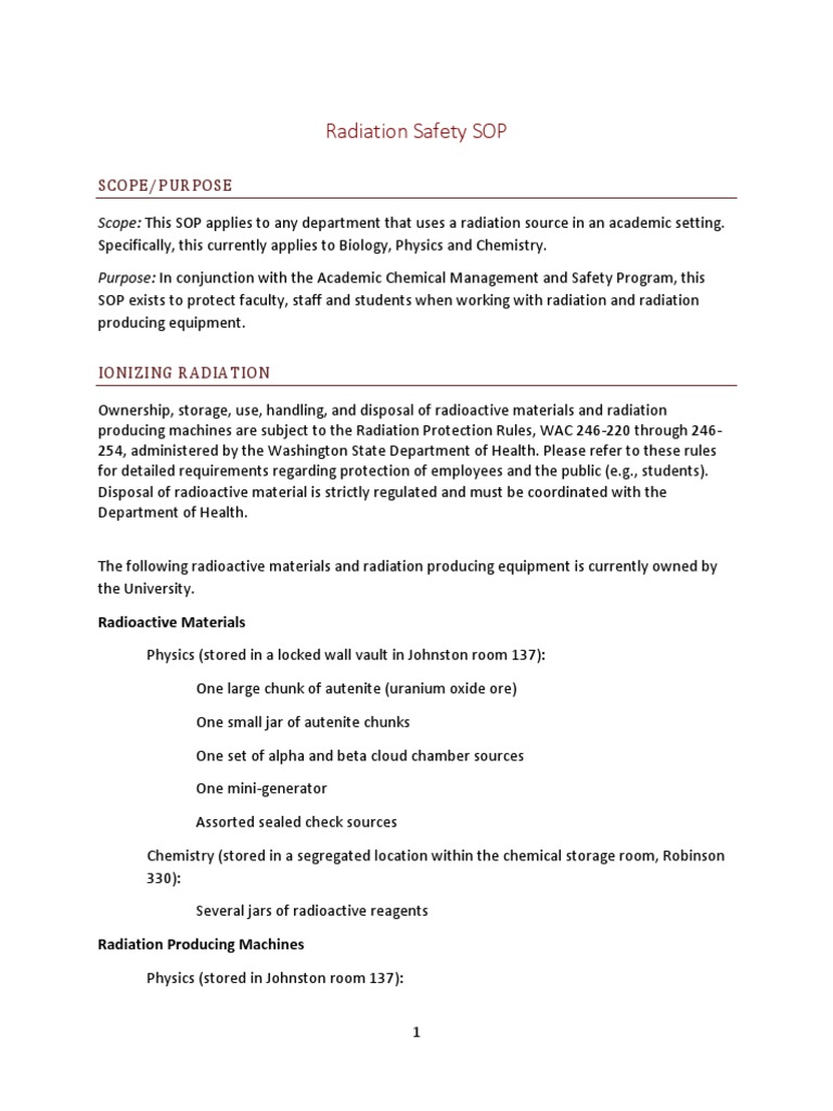 Radiation Safety SOP Scope/Purpose PDF Laser Ultraviolet
