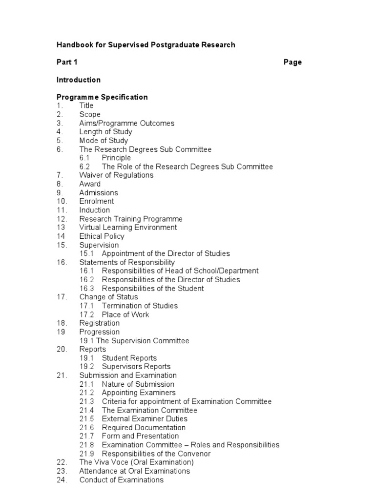 Handbook For Supervised Postgraduate Research Programme Specification ...