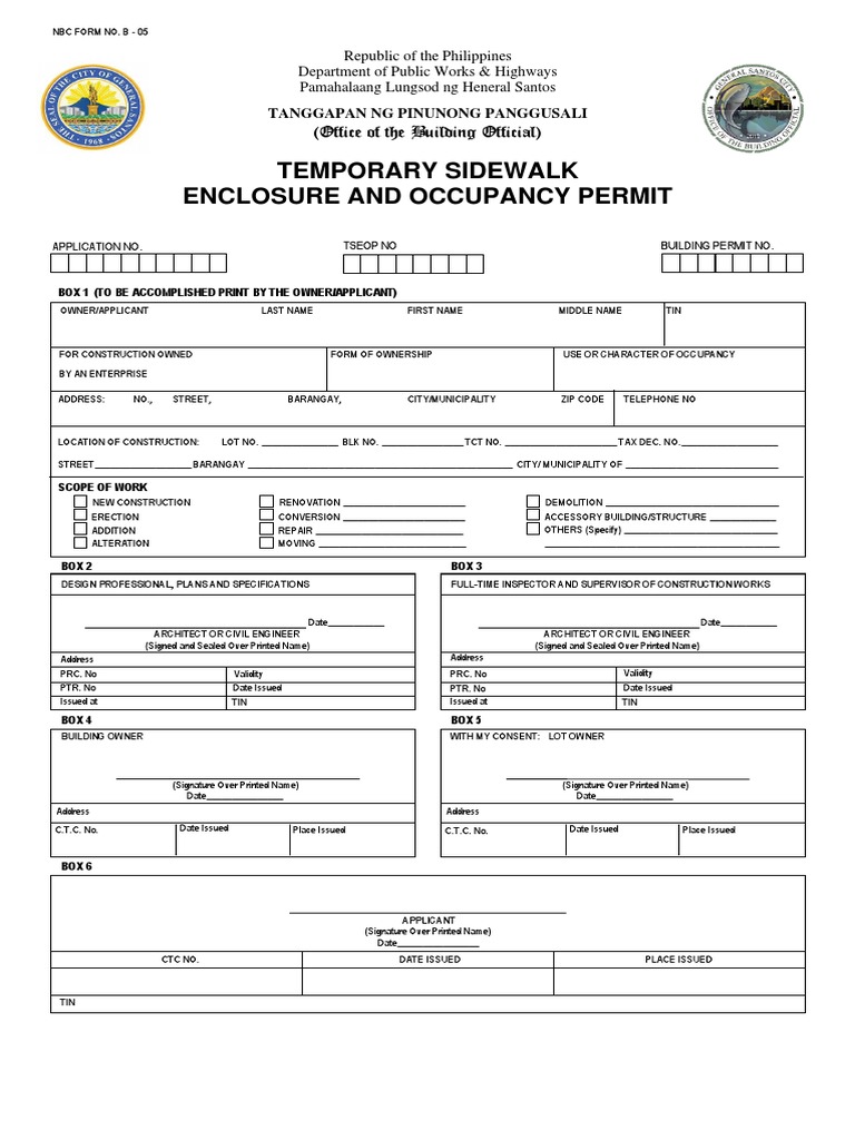 Temporary Sidewalk Enclosure and Occupancy Permit (Front) PDF