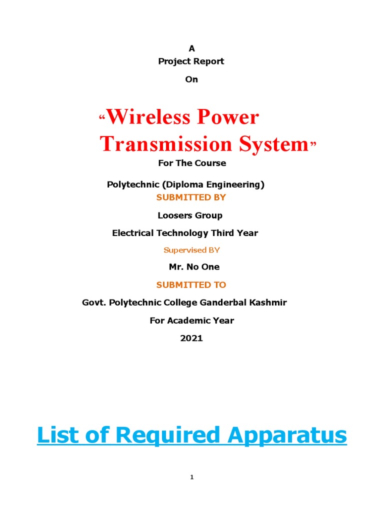 Wireless Power Transmission Project Report | PDF | Inductor | Transformer