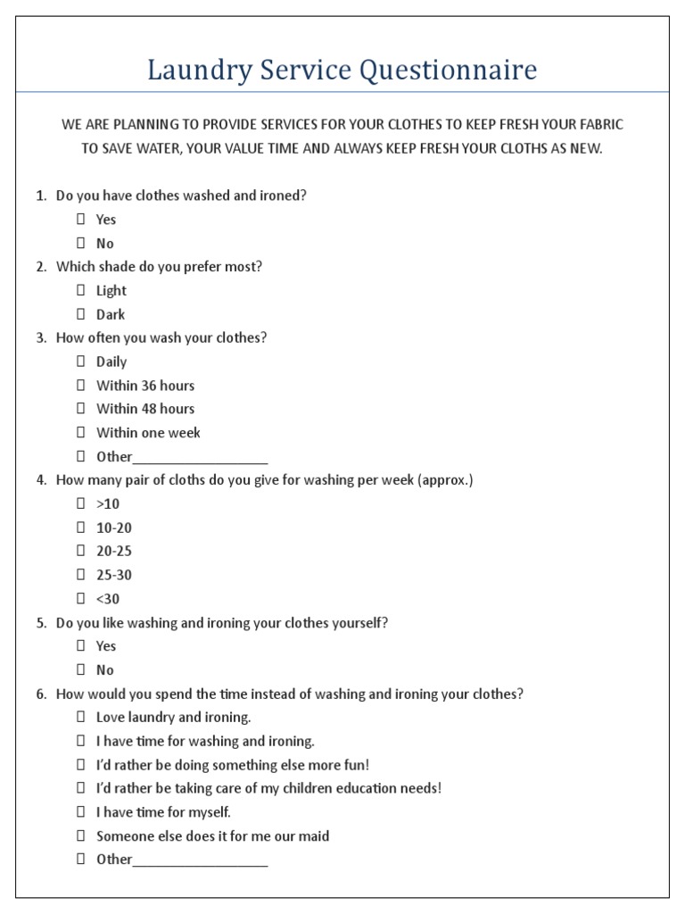 Laundry Service Questionnaire PDF Laundry Clothing