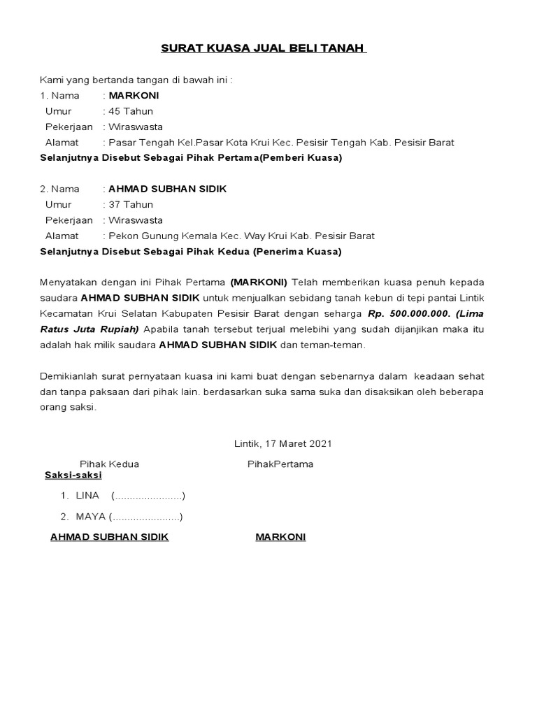 Surat Kuasa Jual Beli Tanah | PDF