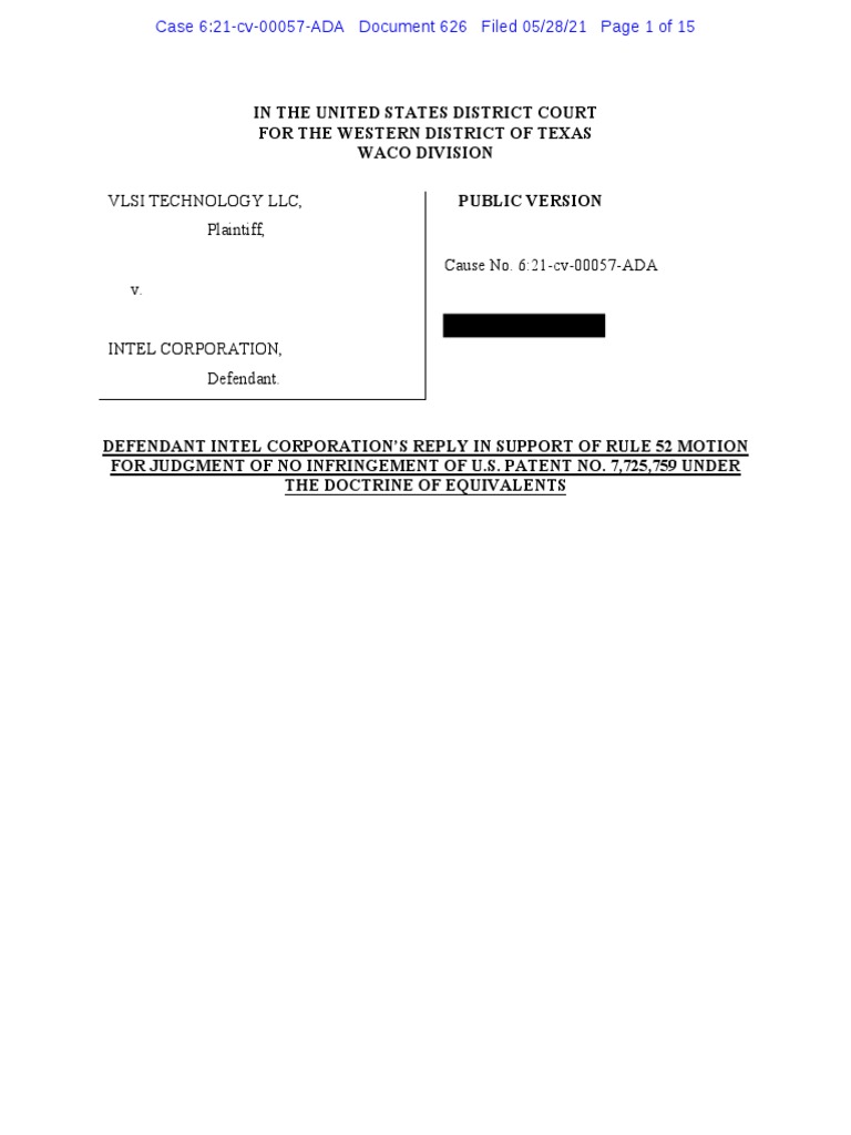 21-05-28 Intel Riso Rule 52 Motion JMOL '759 Under DoE | PDF | Prior ...