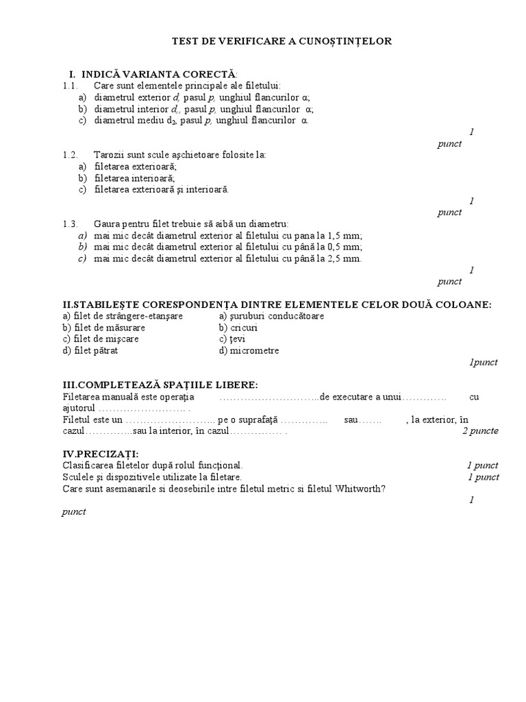 Test de Verificare A Cunoștințelor | PDF