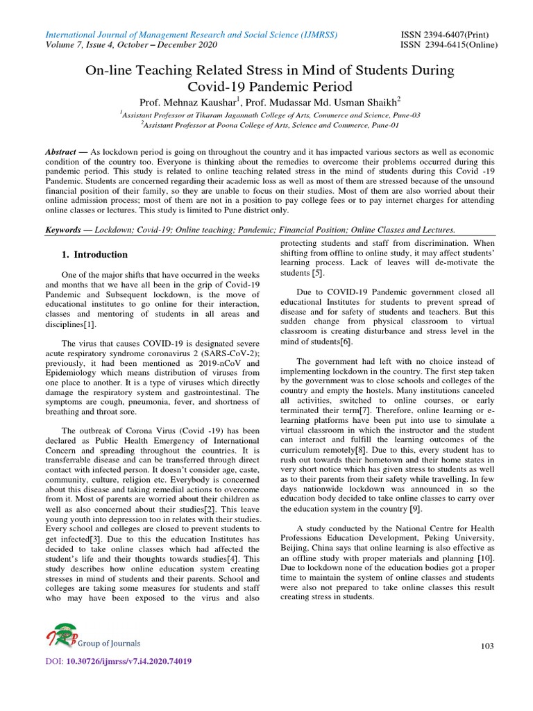 On-Line Teaching Related Stress in Covid 19 | PDF | Educational ...