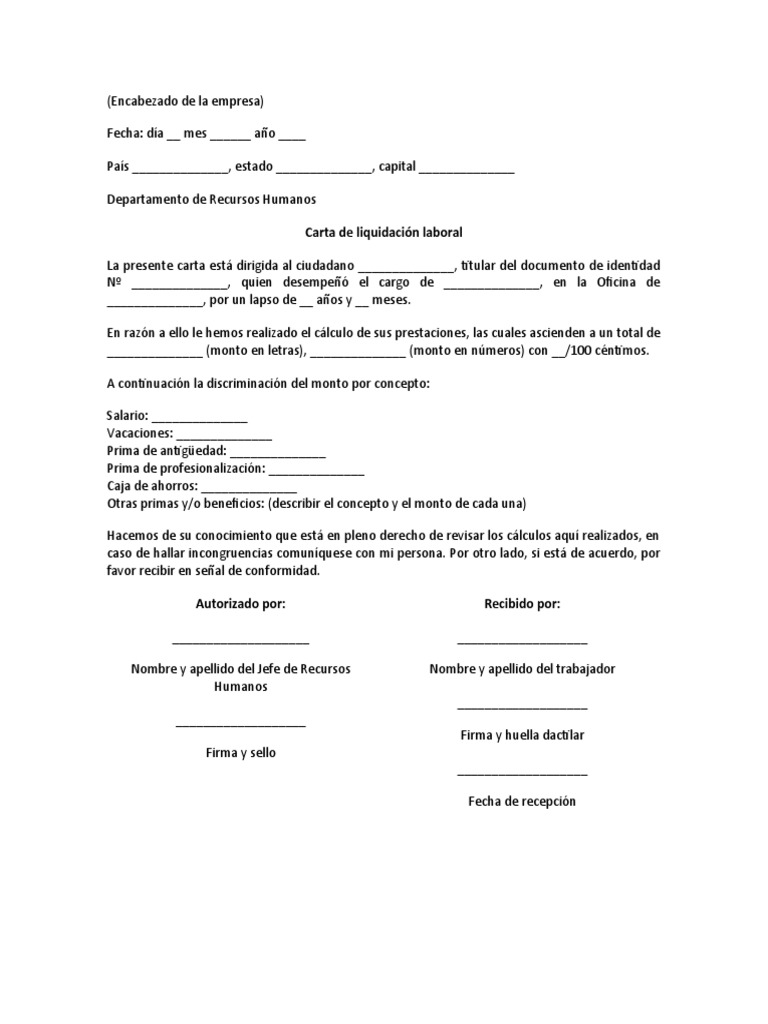 Modelo de Carta de Liquidación Laboral | PDF