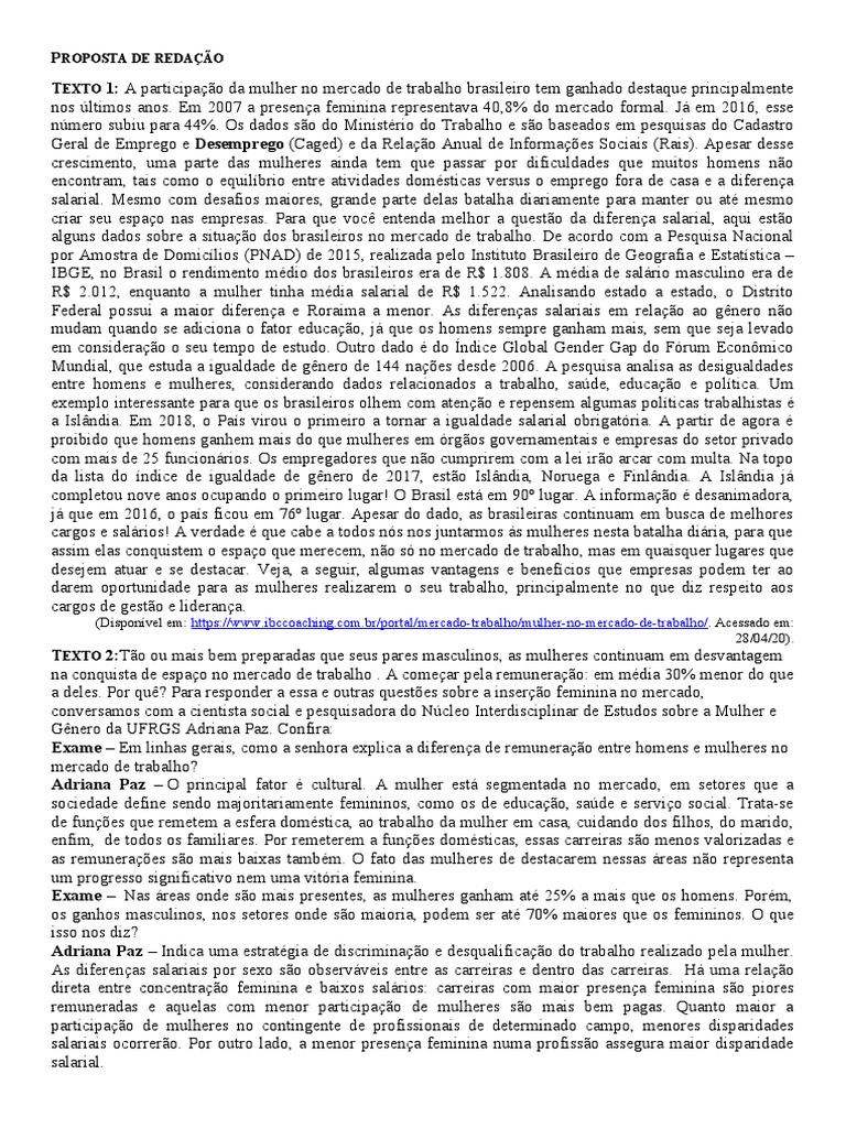 Proposta de Redação - Mulher No Mercado de Trabalho | PDF | Economia do ...