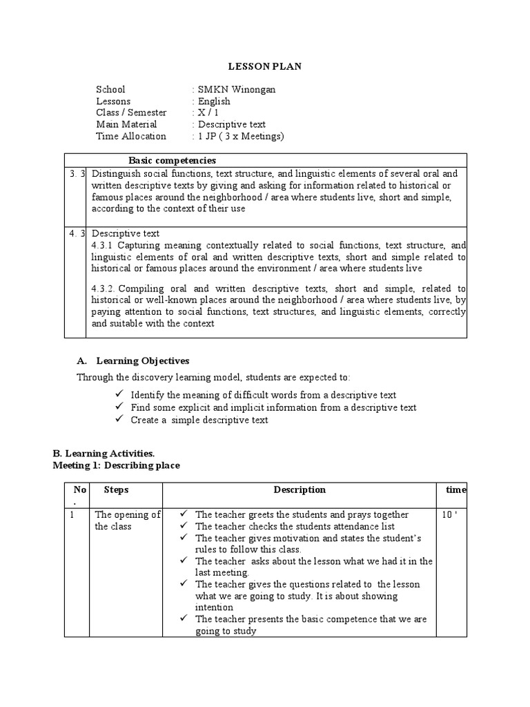 Lesson Plan of Descriptive Text | PDF | Lesson Plan | Teachers