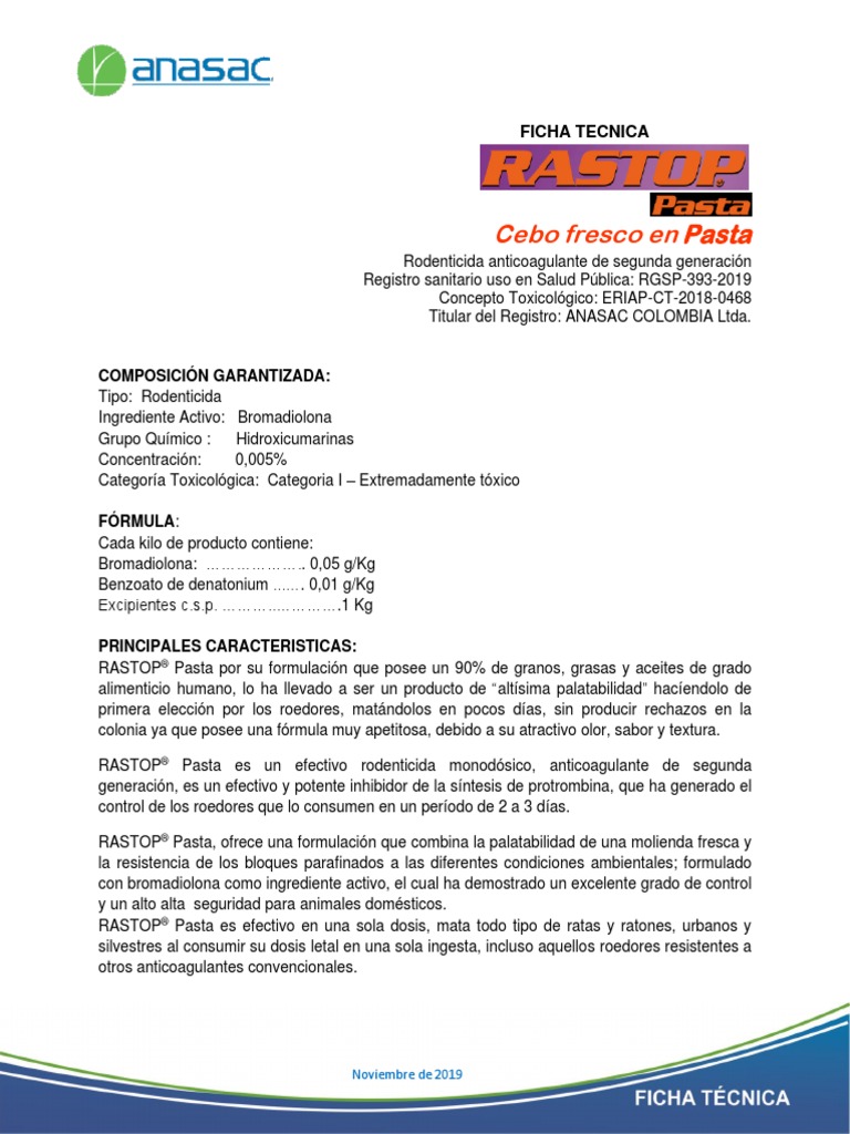 Ficha Tecnica Rastop Pasta PDF Alimentos Especialidades Medicas