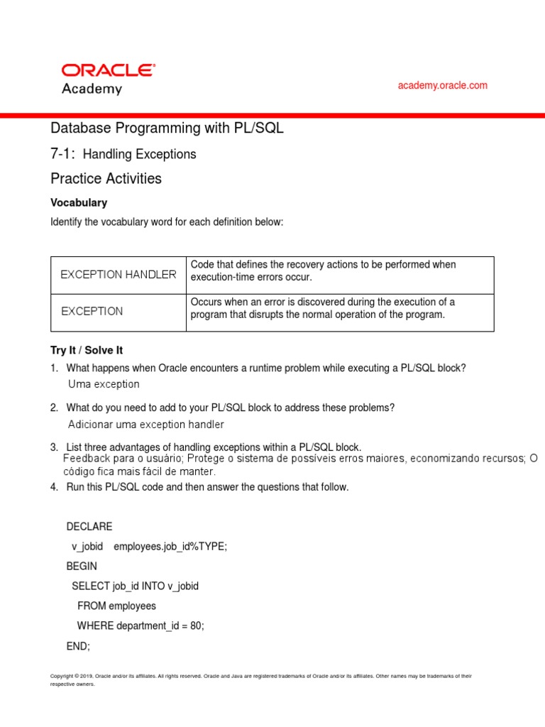 7.1 Handling Exceptions, PDF, Pl/Sql