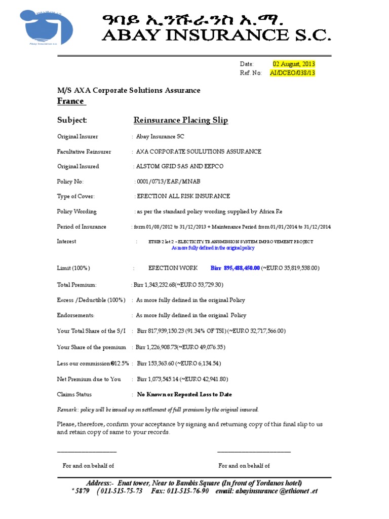 Reinsurance Placing Slip for Erection All Risk Insurance Policy PDF