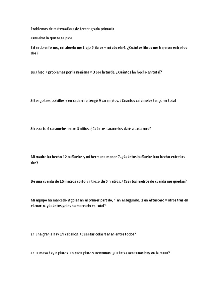 Problemas de Matemáticas de Tercer Grado Primaria | PDF