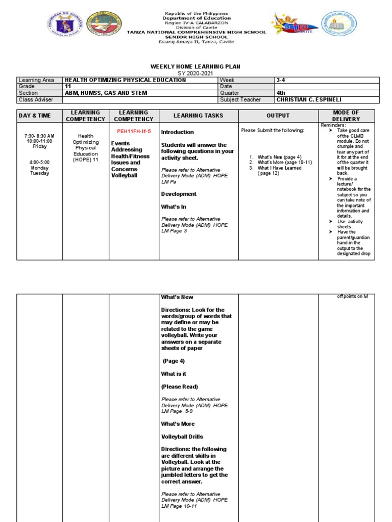 Weekly HOPE Learning Plan for Grade 11 | PDF | Pedagogy | Communication